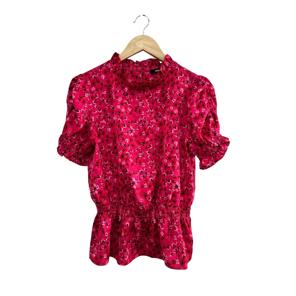Sugar Lips Pink‎ Floral Smocked Peplum Top High Neck Puff Sleeve Medium Girly